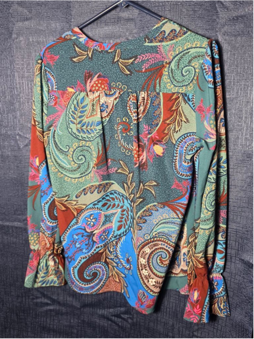 Women's ZAC & RACHEL Blouse M Green Blue Paisley Long Sleeve Bohemian y2k 90's - Picture 5 of 5